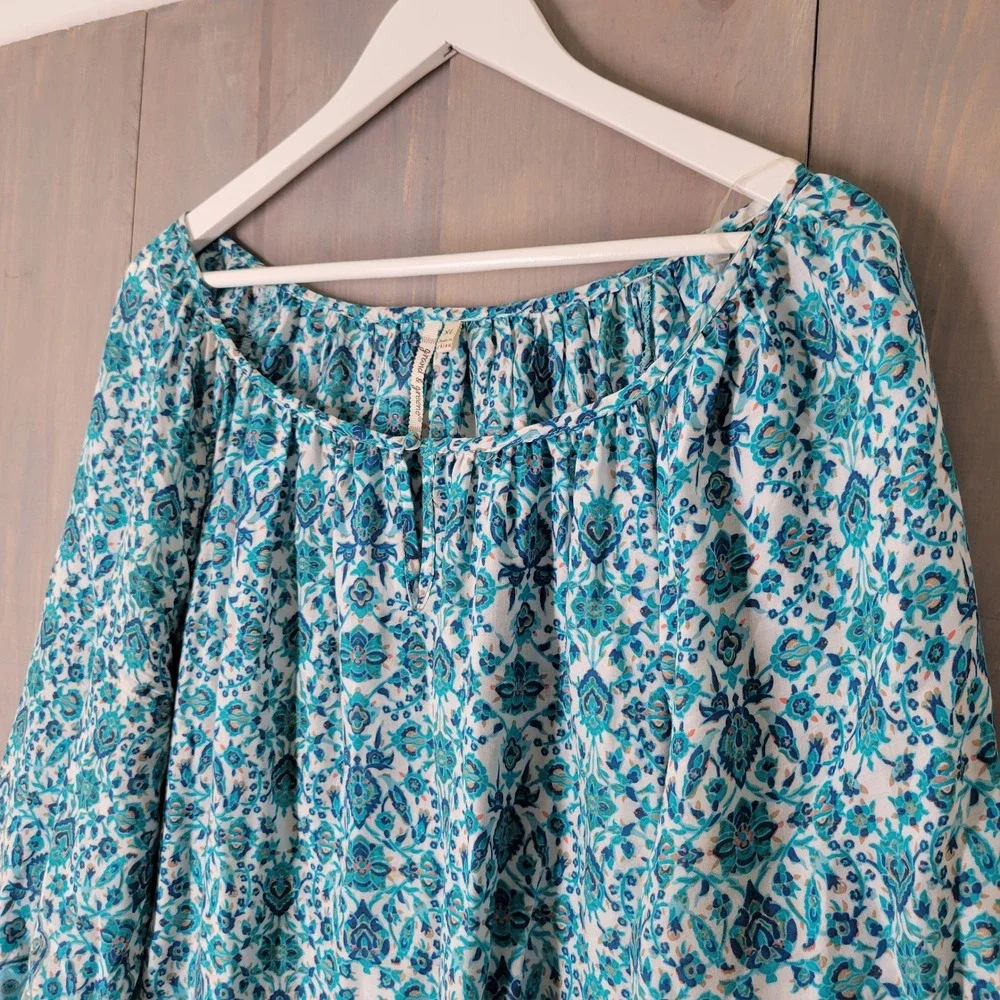 Grand & Greene Blouse Womens‎ XL Blue Paisley Medallion Boho Rayon 3/4 Sleeve